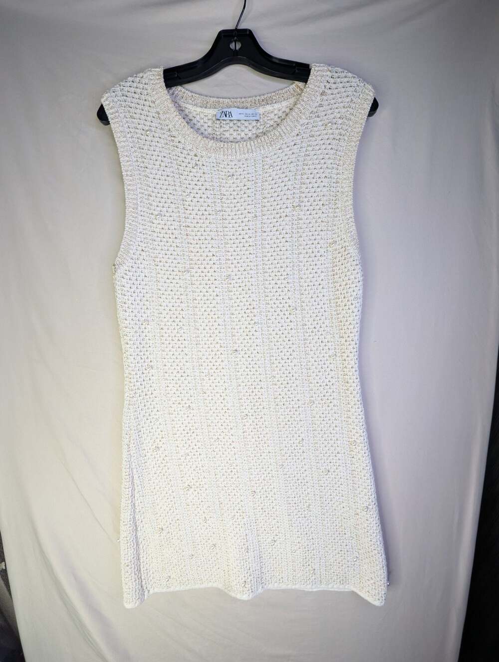 Zara Knit Sleeveless Mini Dress With Faux Pearls and Metallic Thread